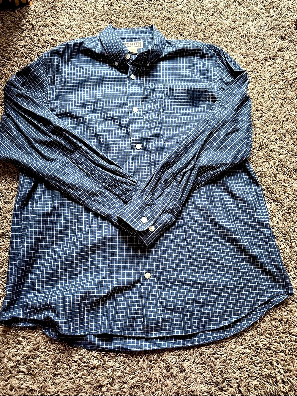 DULUTH TRADING CO Men's Large Blue Gold Grid Plaid Woven Dress Shirt